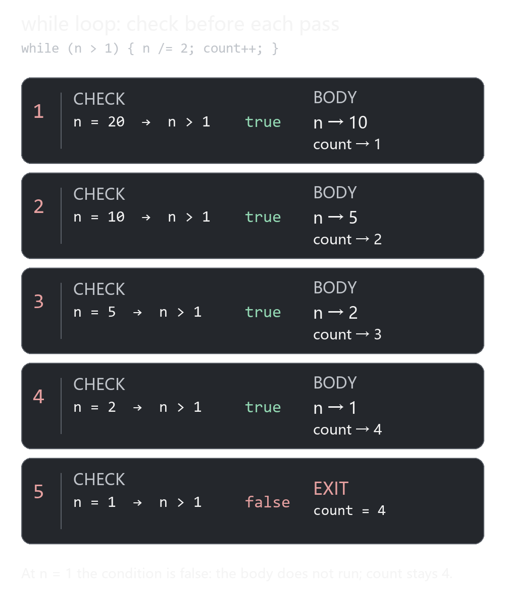 Trace of a while loop starting with n = 20 and count = 0: each successful check halves n and increments count; the final check at n = 1 is false, so count remains 4. / 从 n = 20、count = 0 开始追踪 while 循环：每次条件为真时 n 减半且 count 加一；最后 n = 1 时条件为假，count 保持 4。