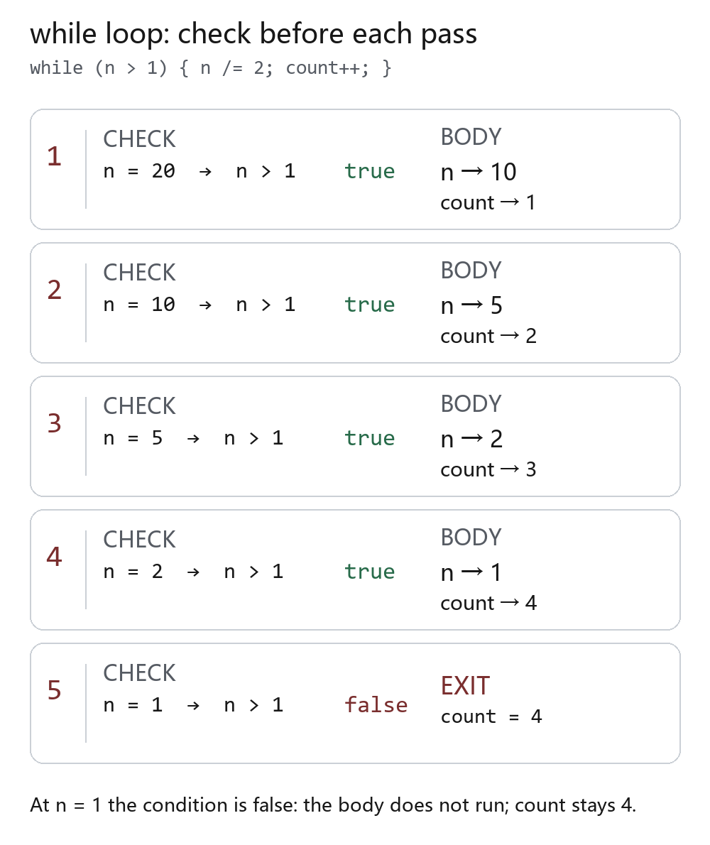 Trace of a while loop starting with n = 20 and count = 0: each successful check halves n and increments count; the final check at n = 1 is false, so count remains 4. / 从 n = 20、count = 0 开始追踪 while 循环：每次条件为真时 n 减半且 count 加一；最后 n = 1 时条件为假，count 保持 4。