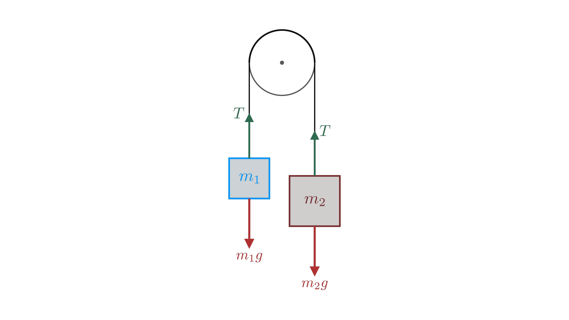 An Atwood machine: two masses over an ideal pulley, with tension and weight shown on each / 阿特伍德机：两个质量挂在理想滑轮两侧，标出各自的张力与重力