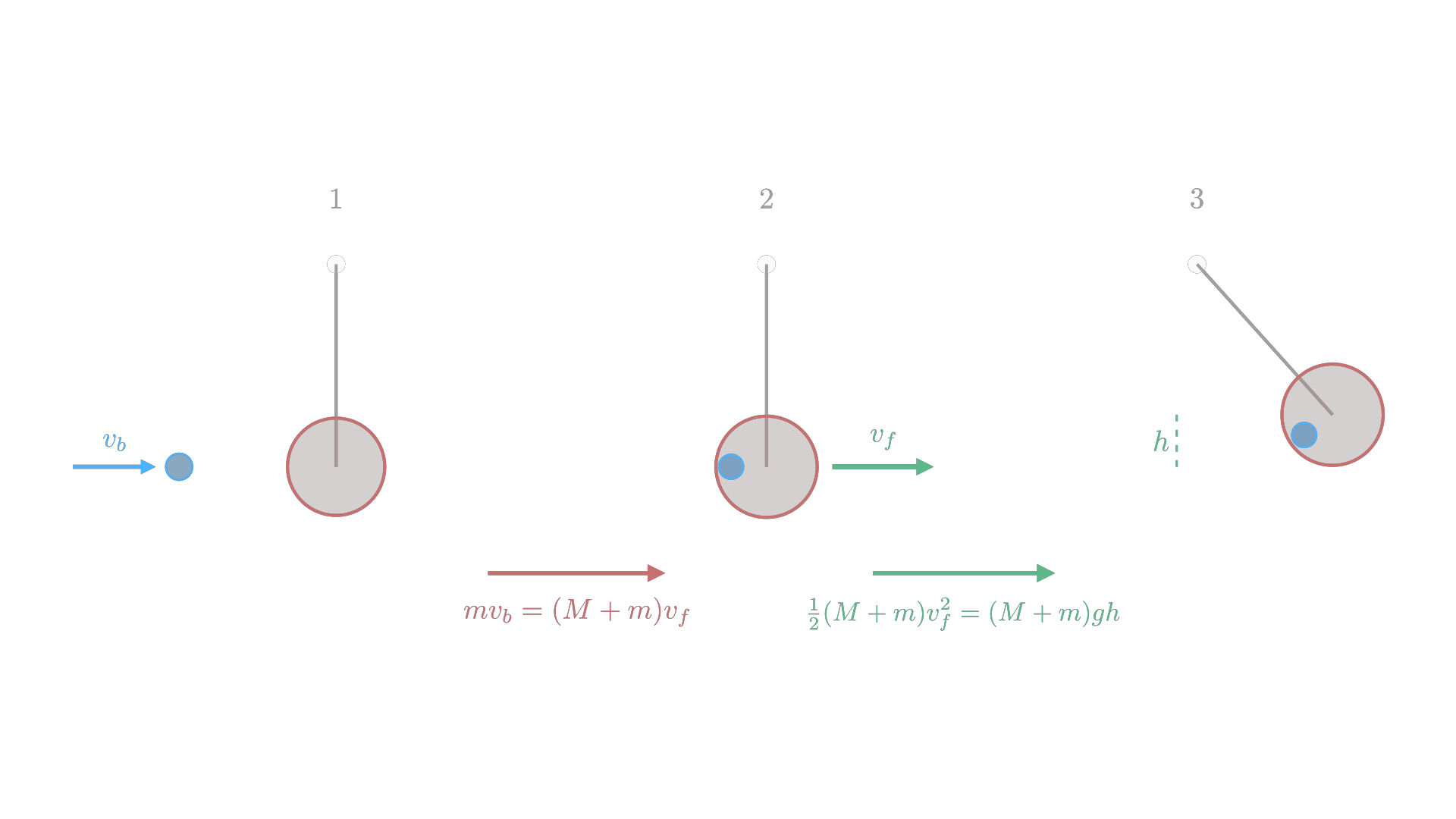 Ballistic pendulum solution sequence: conserve momentum during impact, then mechanical energy during the swing / 弹道摆的两阶段求解：碰撞时用动量守恒，摆升时用机械能守恒