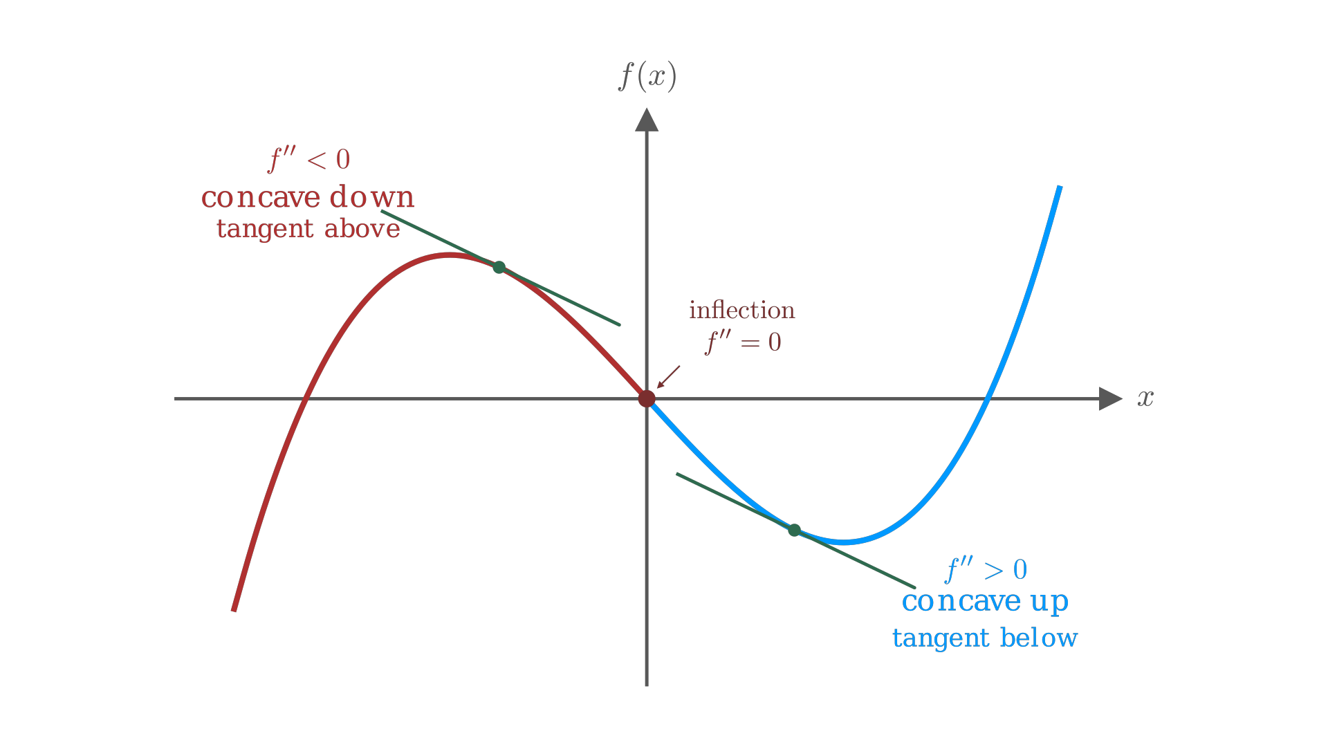Concave up, concave down, and the inflection point between them; the tangent line lies below the curve where f'' > 0 and above it where f'' < 0. / 凹、凸以及两者之间的拐点；当 f'' > 0 时切线位于曲线下方，当 f'' < 0 时切线位于曲线上方。